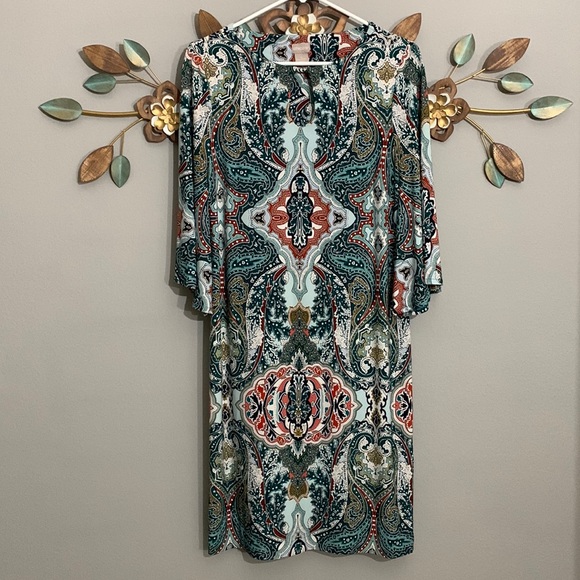 Chico's Green White Paisley Print Shift Dress Size 0 Small - Picture 1 of 8